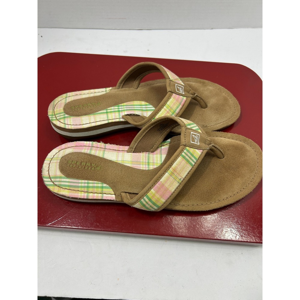Sperry Plaid Flip Flop Sandals 9M Tan Pink Green Madras Preppy Nautical Coastal